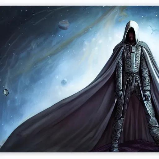 Image similar to tall thin gray - skinned brooding space elf nobleman in ornate hooded long dark cloak, on space station, highly detailed, mike mignogna, comic book, science fiction, dark tones, dark, rough paper, oil painting