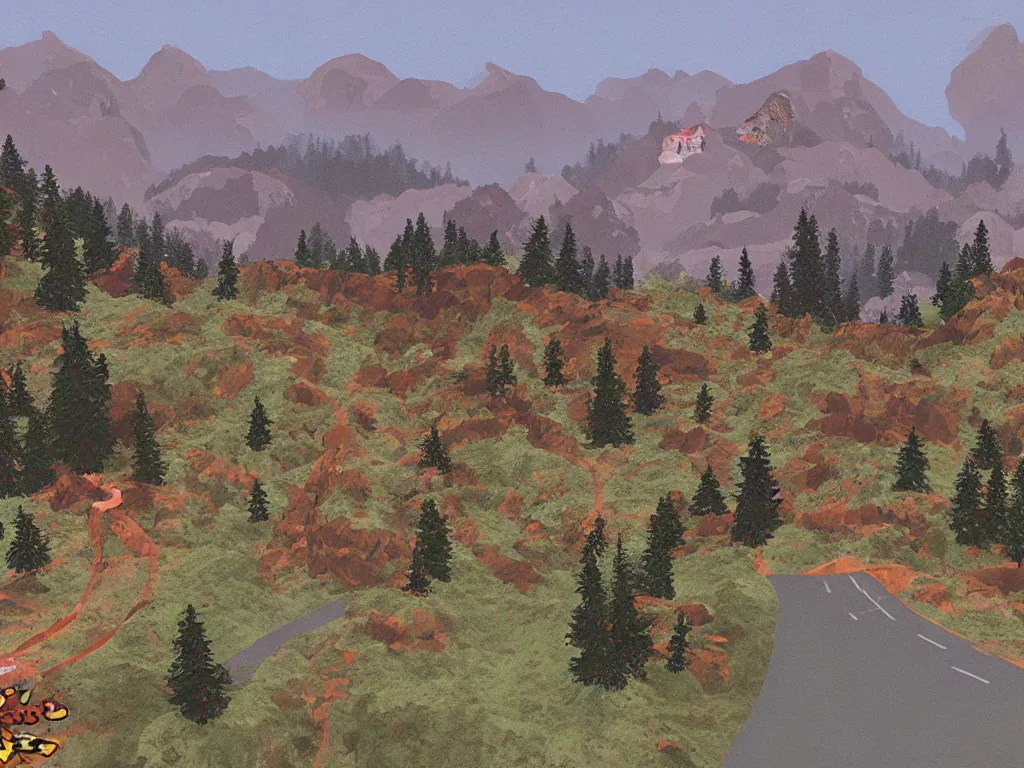 Prompt: Twin Peaks as a PS1 video game landscape