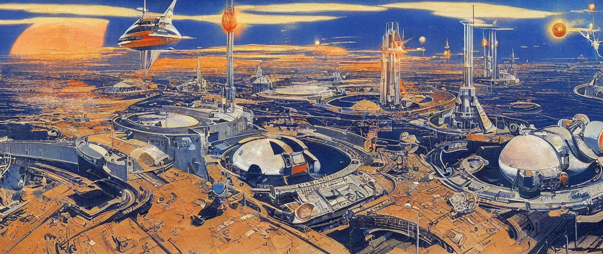 Prompt: a beautiful and detailed illustration of a spaceport in a bay by Robert McCall, cinematic atmosphere, establishing shot