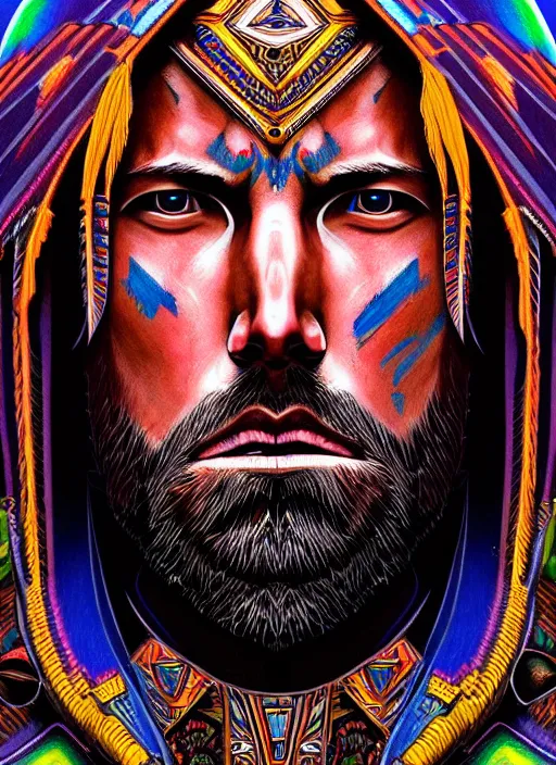 Image similar to portrait of ben affleck, hyper detailed ultra sharp aztec shaman warrior. trending on artstation, warpaint aesthetic, bloodwave, colorful, psychedelic, ornate, intricate, digital painting, concept art, smooth, sharp focus, illustration, art by artgerm and greg rutkowski and h. r. giger, 8 k