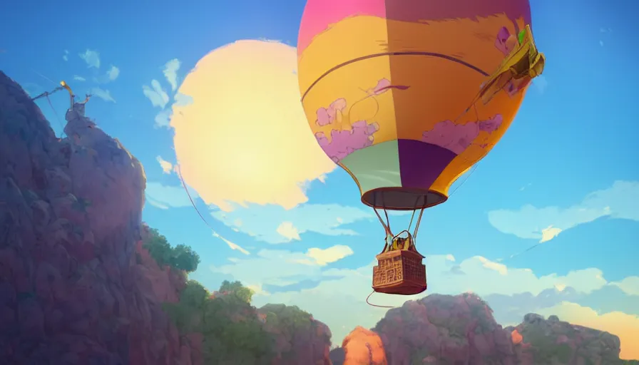 Prompt: a colorful easter egg as hot air balloon, sunset, serene evening atmosphere, soft lens, soft light, cel - shading, animation, in the style of cgsociety, deviantart, artstation, zbrush, cinema 4 d, studio ghibli, akihiko yoshida, atelier lulua, masamune shirow