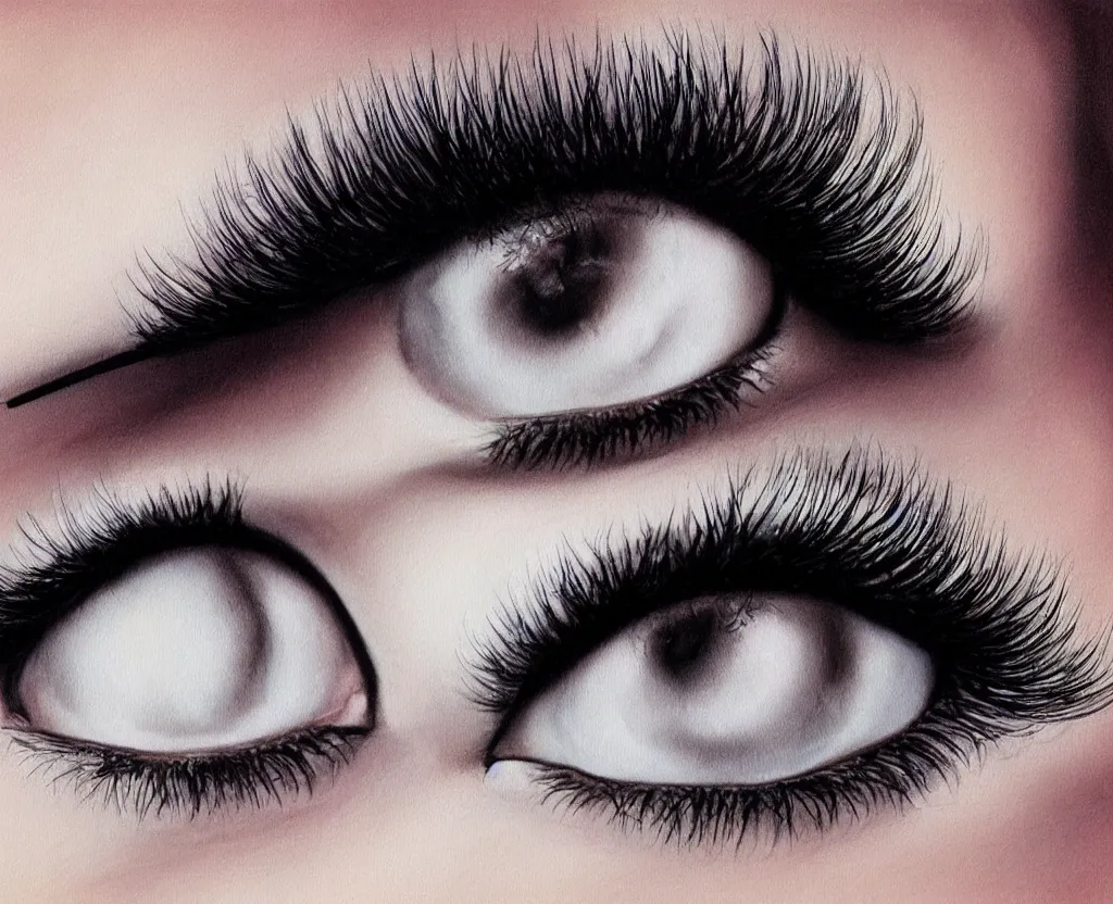 Prompt: realistic and detailed soft airbrush of female eye with eyeliner and long lashes on white background, inspired by 8 0's airbrush illustrations, art by masao saito