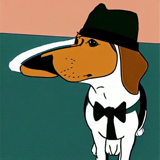 Image similar to a beagle wearing a business suit and fedora, studio ghibli