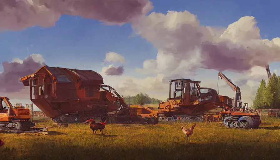 Prompt: a bulldozer accidently knocking over a chicken coop, matte painting, art station, blue sky, simon stalenhag