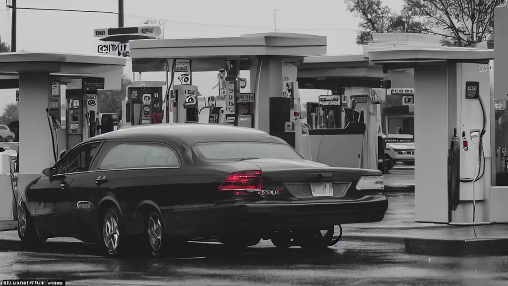 Prompt: late night at a gas station, rain pouring down, a man stands outside pumping gas into his car, a hearse is next to his car, he glances over and sees bright red eyes glaring from the driver ’ s seat