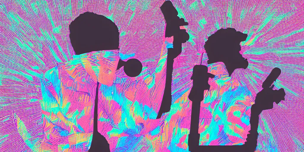 Prompt: rapping into microphone silhouette, digital art, vaporwave, hip hop, psychedelic, surreal, trending on Artstation, professional artist, detailed, 4k