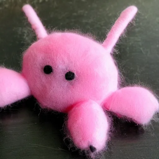 Prompt: pink stuffed spider doll, homemade, handcrafted, imperfect, puffy, fluffy