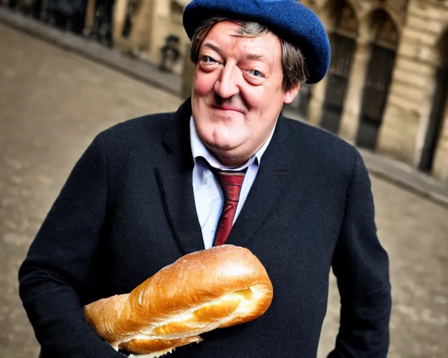 Prompt: stephen fry dressed like a stereotypical frenchman wearing a beret and holding a baguette, 8 5 mm f / 2. 4, photograph, color photo, paris