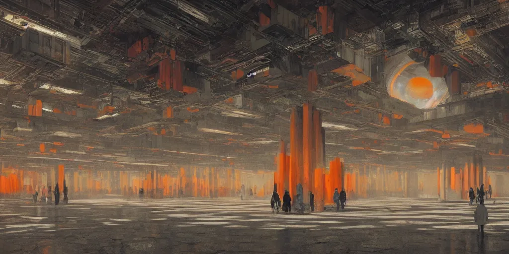 Prompt: the depths of a tangerine colored matrioshka world, large pillars holding up an artificial ceiling, photorealistic imax quality, artstation front page, high brutalist architecture, misty environment, ominous white diffuse orbs of light, alan bean influences