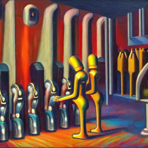 Image similar to robots praying at a shrine to the last living human, dystopian, surrealist, symmetrical, pj crook, edward hopper, oil on canvas