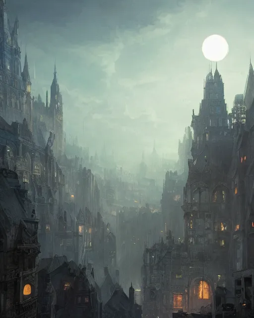 Image similar to a city moonrise landscape, realistic, environment art, fantasy art, landscape art, in the style of greg rutkowski, illustration, epic, fantasy, intricate, hyper detailed, artstation, concept art, smooth, sharp focus, ray tracing