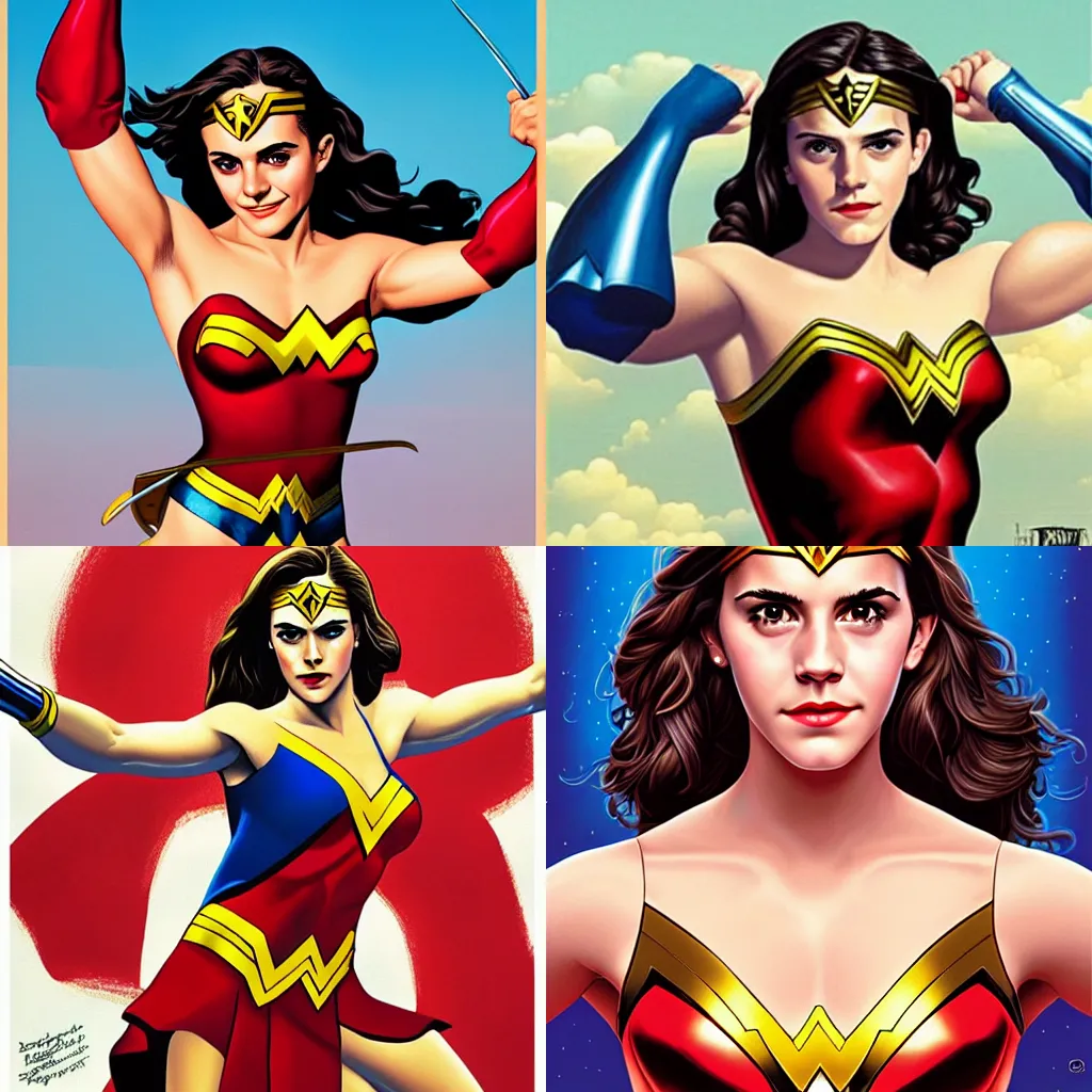 Prompt: emma watson as wonder woman illustration by alex gross by alex ross by Greg Land digital painting comic book superheroes