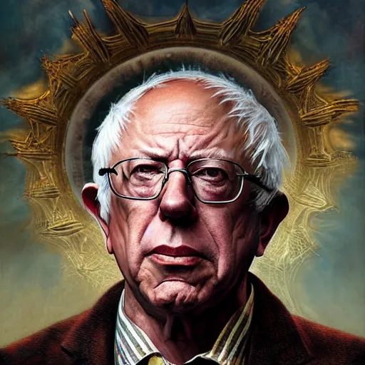 Image similar to hyperrealistic mixed media painting of Bernie Sanders as a Witch Doctor, stunning 3d render inspired art by P. Craig Russell and Barry Windsor-Smith, 8k octane beautifully detailed render, post-processing, extremely hyperdetailed, intricate, epic composition, grim yet sparkling atmosphere, cinematic lighting + masterpiece, trending on artstation, very detailed, masterpiece, stunning