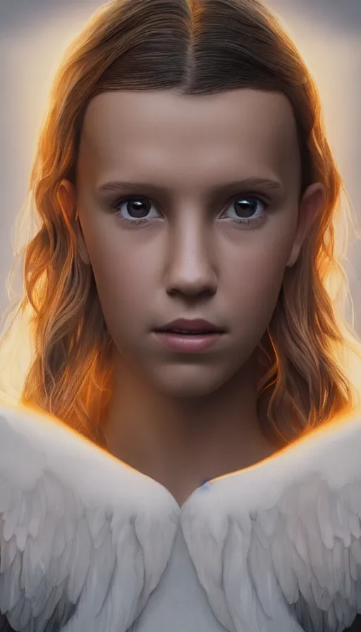 Image similar to portrait art of millie bobby brown or alicia vikander as a blonde angel, art by alessio albi 8 k ultra realistic, angel wings, lens flare, atmosphere, glow, detailed, intricate, full of colour, led lighting, trending on artstation, 4 k, hyperrealistic, focused, extreme details, unreal engine 5, masterpiece