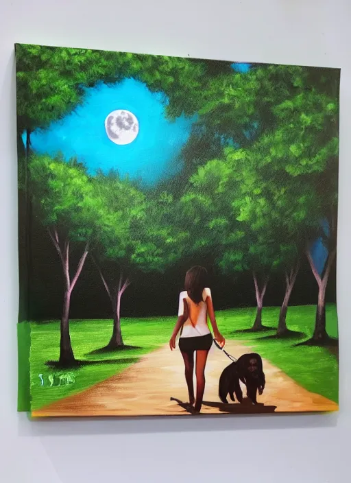 Image similar to young brown woman walking her dog in a park at night with a full moon, ceiba trees, acrylic painting, photoreal, fantasy