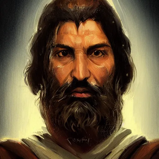 Image similar to portrait of a man by Greg Rutkowski, a Jedi Master in his 60s, Arab features and olive skin, long black hair and beard, wise appearance, orange robes, Star Wars Expanded Universe, he is about 60 years old, highly detailed portrait, digital painting, artstation, concept art, smooth, sharp foccus ilustration, Artstation HQ