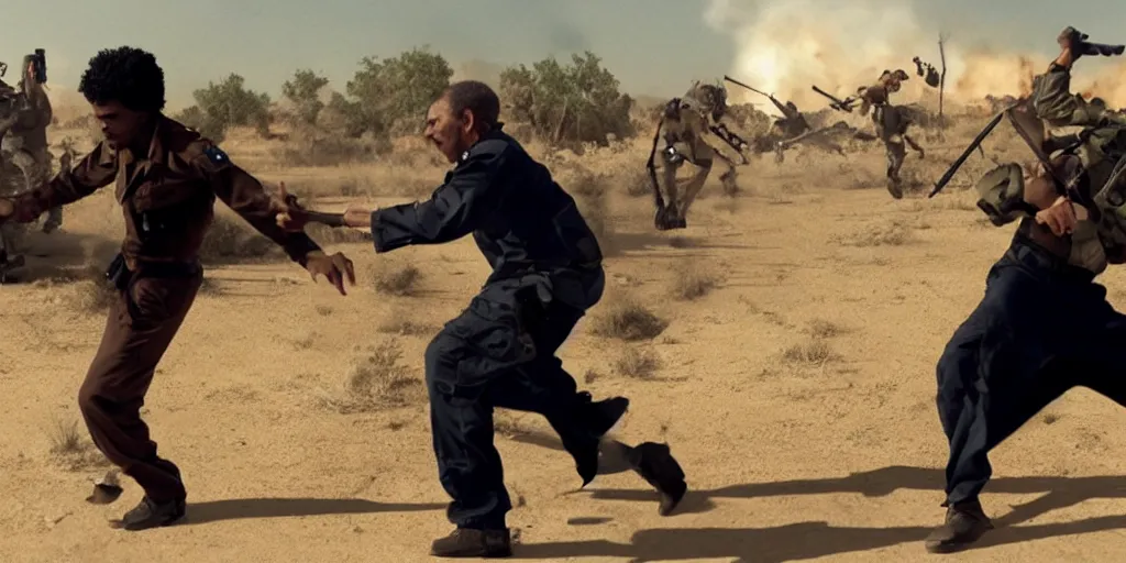 Image similar to movie still of hilary clinton fighting colonel gadafi in libya, wide shot, realistic, octane render