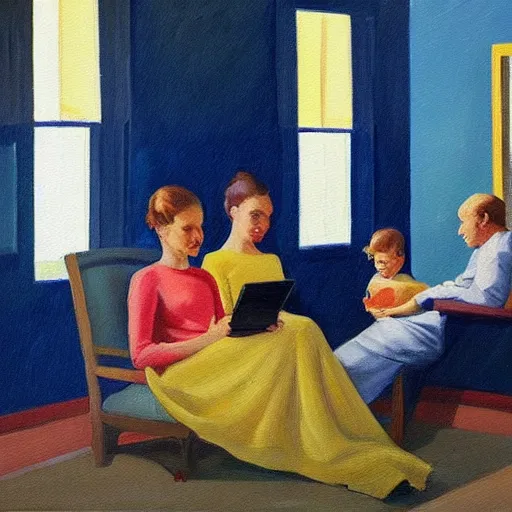 Image similar to a painting of a family sitting at home scrolling on their smartphones in the style of edward hopper