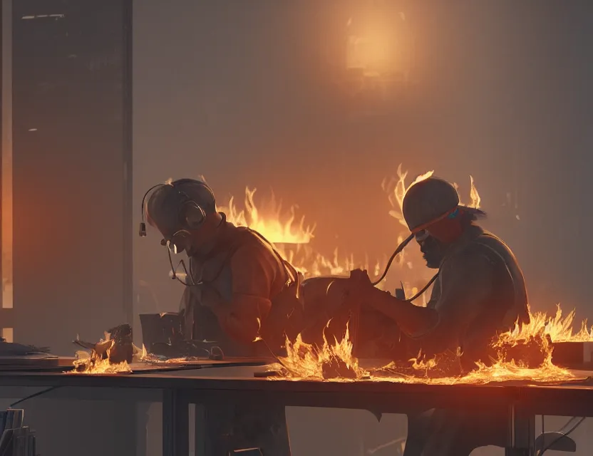 Image similar to a man works at a workstation in a very hot office with burning fires, local close up, featured in artstation, octane render, intricate, ultra detailed, fantasy, concept art, sharp focus, illustration, 8 k