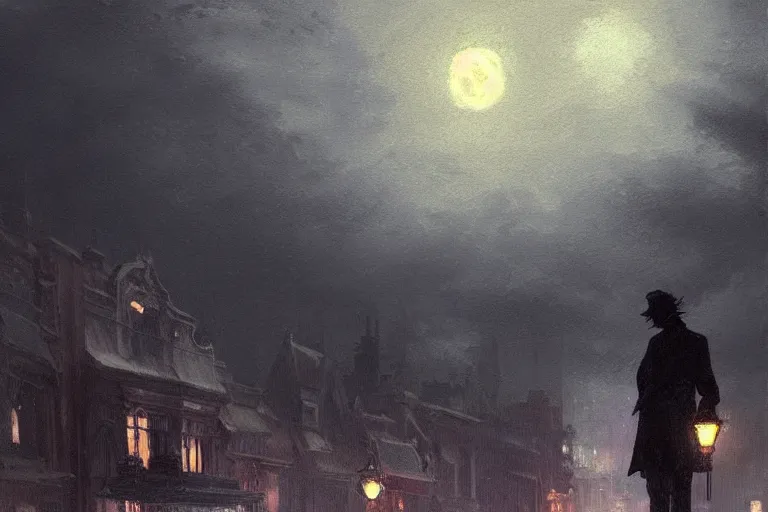 Image similar to a monster silhouette in the sky. a victorian city, scene in a rainy night. full moon, 1 8 9 0, key visual, conceptart, ambient lighting, highly detailed, digital painting, artstation, concept art, sharp focus, by makoto shinkai and akihiko yoshida and greg manchess