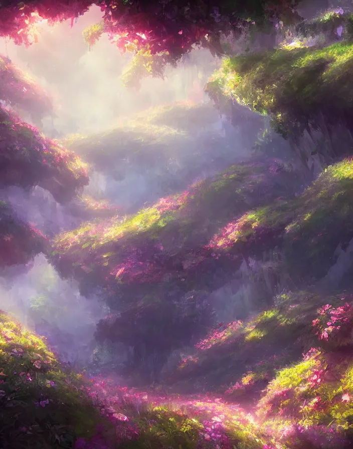 Image similar to beautiful flower valley, concept art, daytime ethereal anime, high detail Impressionist style, dreamy light color palette, style of studio ghibli, concept art stunning atmosphere, trending on artstation, volumetric light