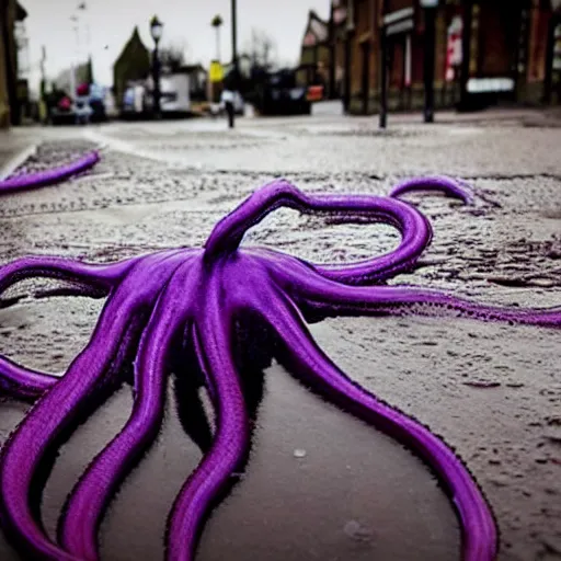 Prompt: close up eldritch purple tentacles and tendrils coming out of a puddle in a typical uk town. horror. sinister. polaroid