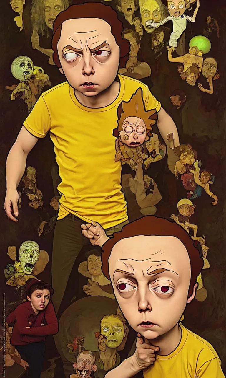 Prompt: hyper realistic grotesque portrait of an very young 1 2 yr dumb roundheaded round head morty, from rick and morty, worried, yellow t - shirt, portal in the background, by lee bermejo, alphonse mucha and greg rutkowski