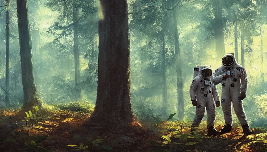 Prompt: american astronaut in the forest, plants environment, wide angle, cinematic lighting, atmospheric, realistic, octane render, highly detailed, color graded, in the style of craig mullins