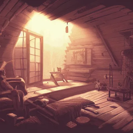 Image similar to concept art of an inside of a cabin in the woods, isometric view, detailed, volumetric lighting, style of greg rutkowski