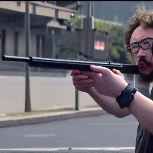 Image similar to sam hyde firing a rpg into a city bus, 4 k, realistic, serious, gritty, sam hyde