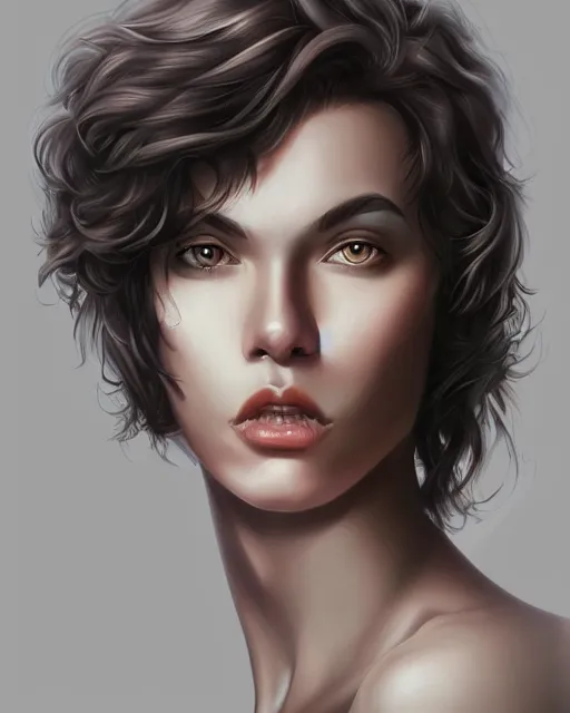 Image similar to portrait painting of an androgynous 2 2 year old with short dark curly hair and pale skin, artgerm, deviantart, artstation