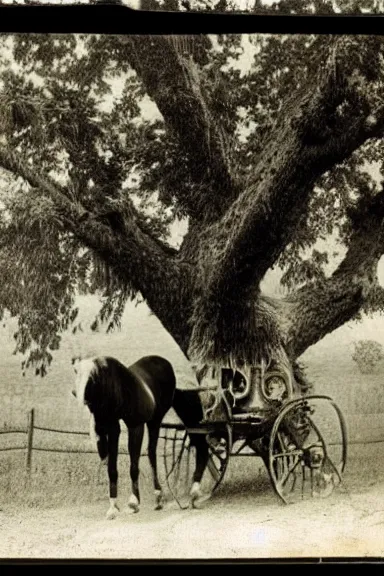 Image similar to a photo from the 1800s of 2 horses inside a tree