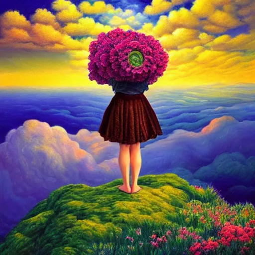 Image similar to giant flower head, frontal, woman standing on mountain, surreal photography, stormy sky, colorful clouds, impressionist painting, digital painting, artstation, rob gonsalves