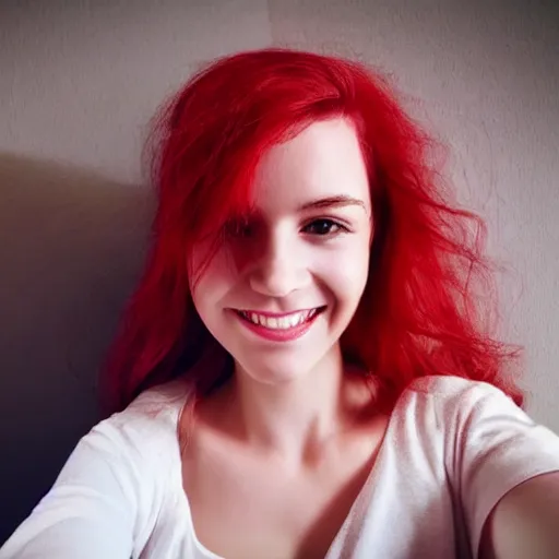 Prompt: a selfie of a young woman with messy vibrant ariel red hair, eye - contact, lovely smile, bedroom, ultra realistic, beautiful lighting