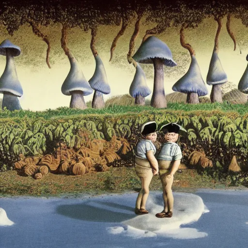 Image similar to detailed matte painting of twin brothers tweedledee and tweedledum, they are fat and wearing blue and white striped sailor clothes, standing in front of a wonderland mushroom forest, by salvador dali, 8 k resolution