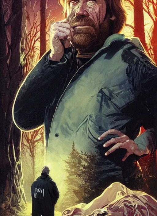 Prompt: poster artwork by Michael Whelan and Tomer Hanuka, Karol Bak of Chuck Norris is the local homeless man in the small town, from scene from Twin Peaks, clean