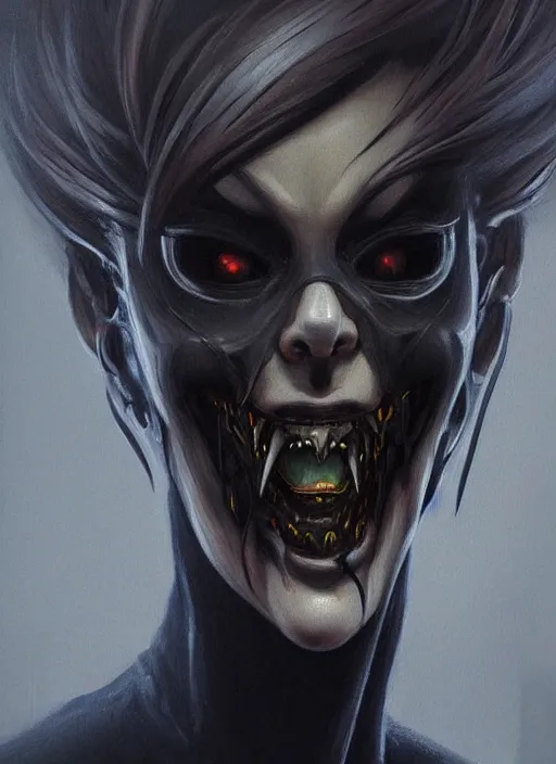 Image similar to dark portrait painting of tracer from overwatch, in style of zdzisław beksinski, scary, horror, overwatch tracer character, evil grin, detailed face, dressed in dark garment, black tendrils, tall,