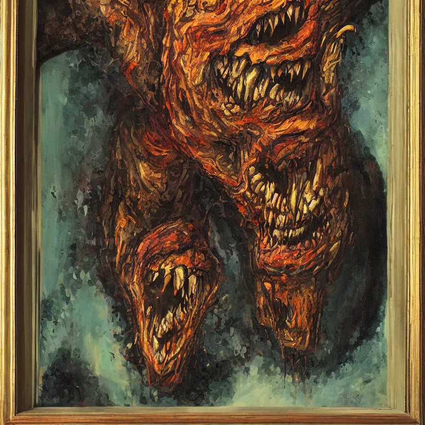 Image similar to a monster reaching through a framed painting, pulp horror