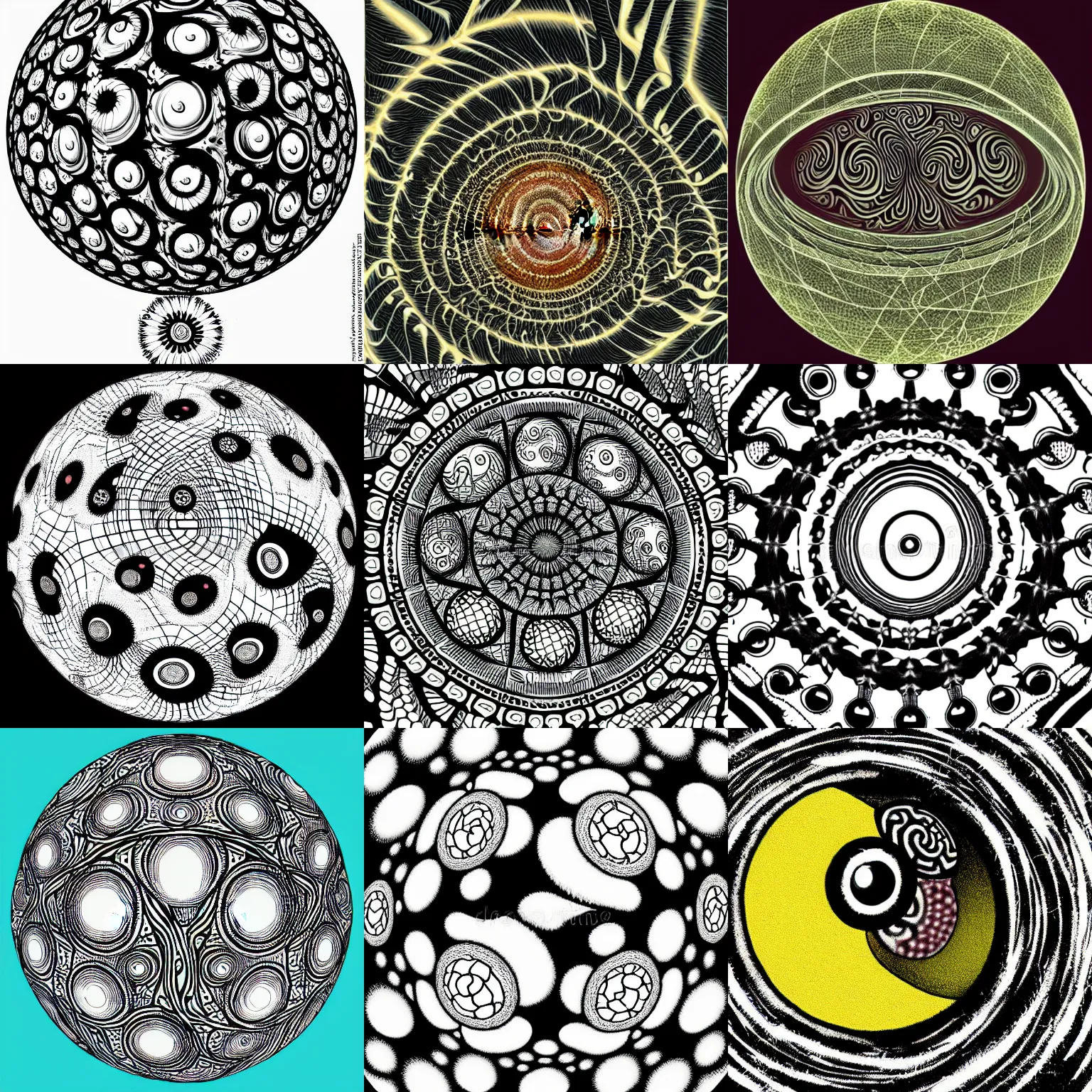 Prompt: fractal eyeball temari ball argus panoptes illustration by junji ito