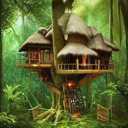 Image similar to “ treehouse in rainforest, photoreal, hq ”