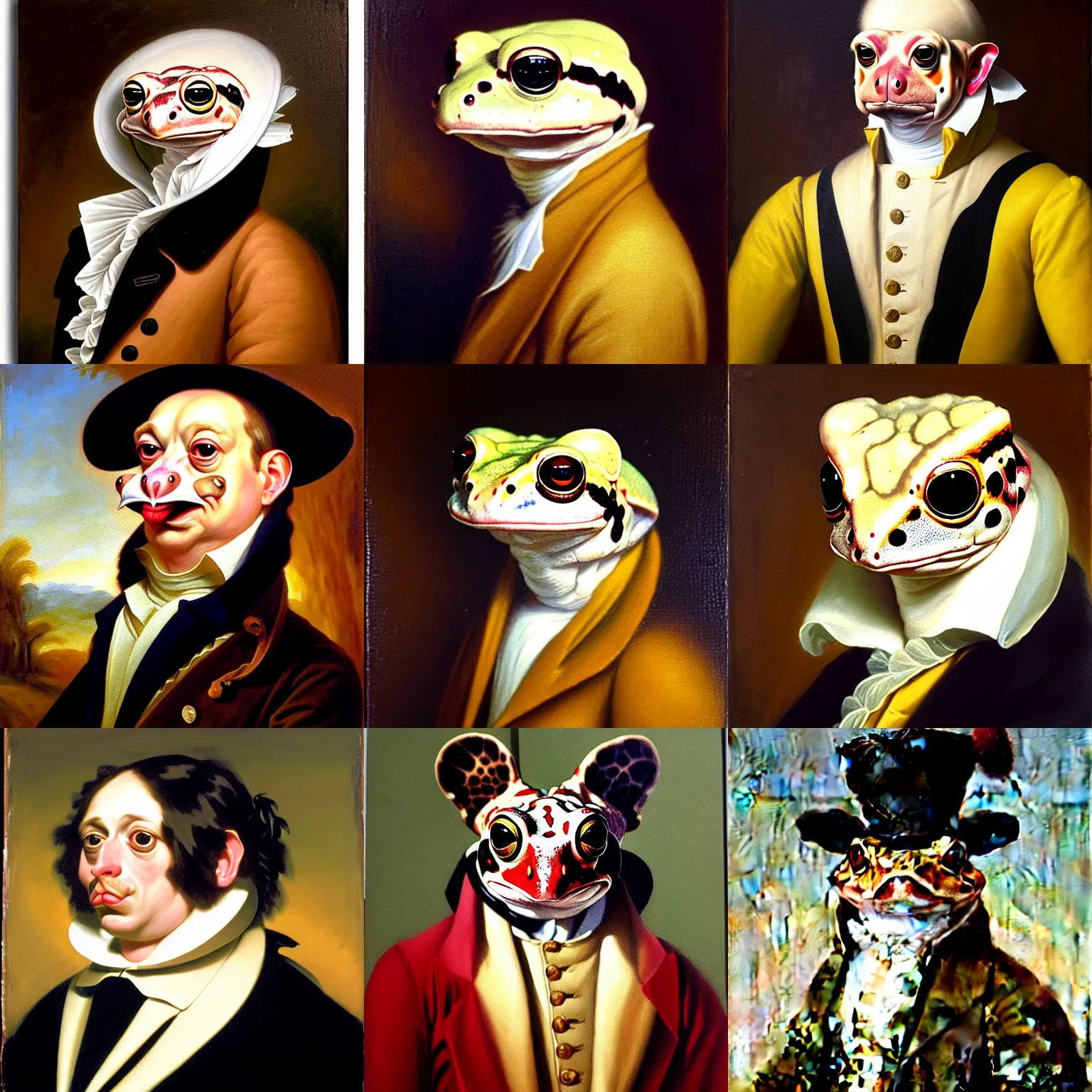 Prompt: a head and shoulders portrait painting of an anthropomorphic!!!!!!!!!! amazon milk frog!!!!!!!!!! wearing a colonial frock coat looking off camera, a character portrait, neoclassicism, oil on canvas