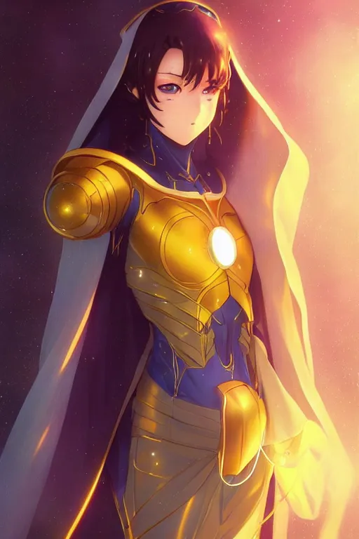 Image similar to anime key visual of a beautiful young female doctor fate!! intricate, cape, glowing, powers, dc comics, cinematic, stunning, highly detailed, digital painting, artstation, smooth, hard focus, illustration, art by artgerm and greg rutkowski and alphonse mucha