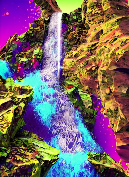 Prompt: a 3 d fractalpunk illustration of a waterfall, colors splashing and spattering the ground