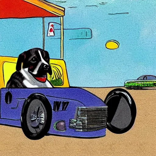 Prompt: a dog riding a race car in the style of P.D. Eastman