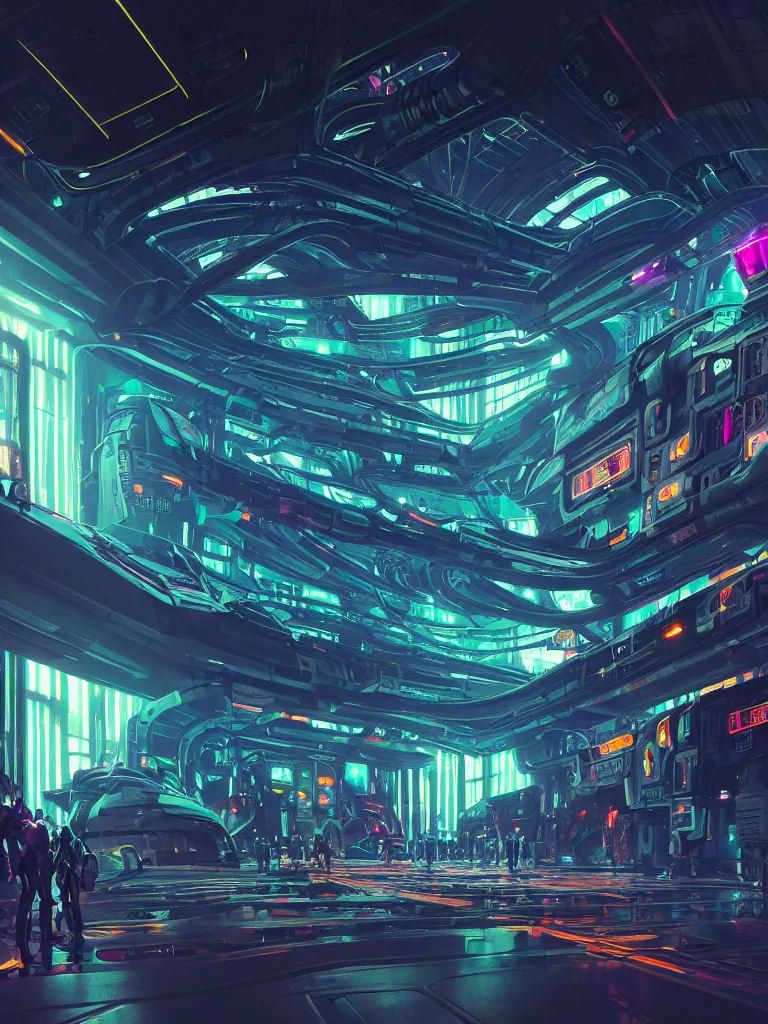 Image similar to the interior of a celestial spaceship cyberpunk hangar in a bioluminescent walls decorated beautifully, lots of cyberpunk design elements like humanoids and mecha robots, warm sunlight shining in, lots of cables and neon signs, concept art 8 k resolution, fantasy illustration, sharp focus, detailed painting, deep color, volumetric lighting, crepuscular rays