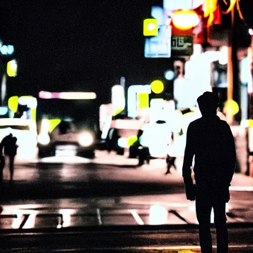 Image similar to silhouette of man smoking cigarette on busy city street, nighttime, neon colors, beautiful photography, 8K