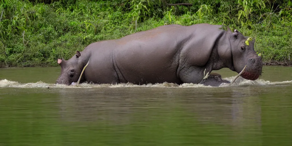 Image similar to a single hippo in a river in the jungle. the hippo has a rhino's horn and an elephant's trunk. extremely high fidelity, natural lighting