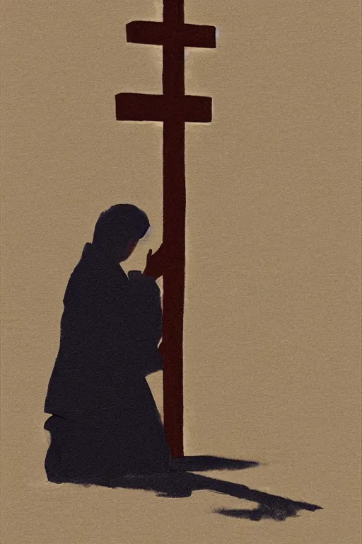 Prompt: man kneeling on the ground in front of a wooden cross, 1960’s minimalist advertising illustration, painterly, expressive brush strokes