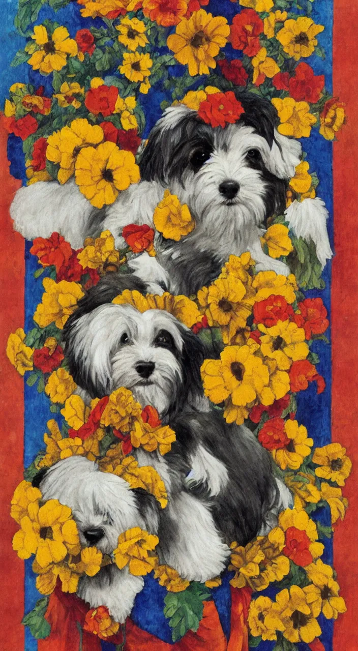 Prompt: portrait of a cream colored havanese dog dressed as an aztec, with a bouquet of marigolds, mexico, painting by diego rivera realism aztec modernism 1 9 3 5