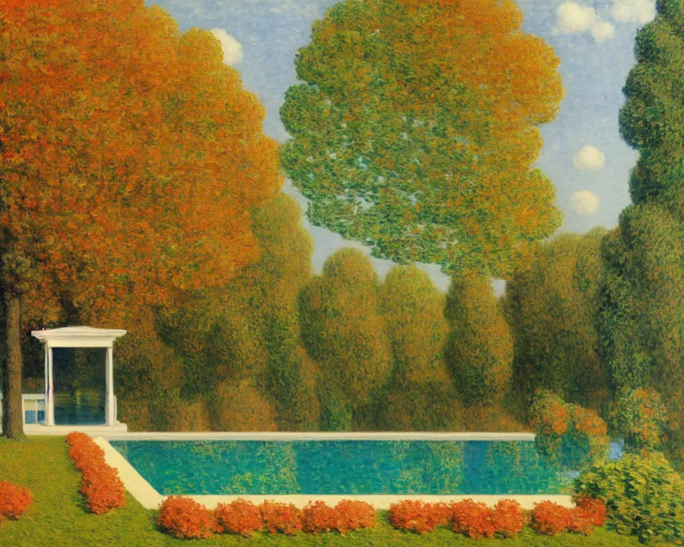 Image similar to achingly beautiful painting of a sophisticated, well - decorated pool house in fall by rene magritte, monet, and turner.